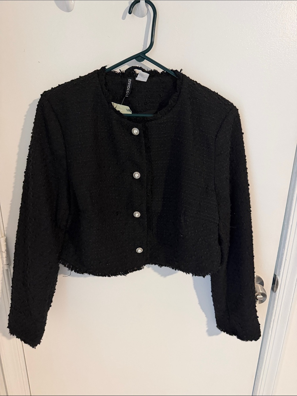 H&M Black Cropped Tweed Blazer with Pearl Buttons